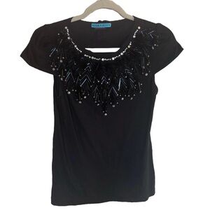 Alice + Olivia Black Embellished Puff Sleeve Tee
